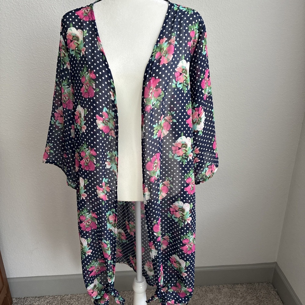 Piphany Size 3 Blue White Polka Dot Floral Kimono Shawl Swim Coverup Boho Beach